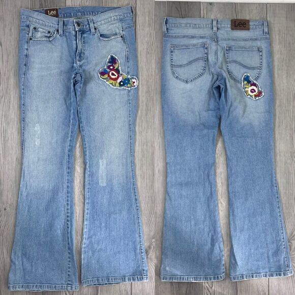 Vintage Lee Womens Size 9M Cotton Floral Embroidered Patch Denim Bootcut Jeans - Picture 1 of 11